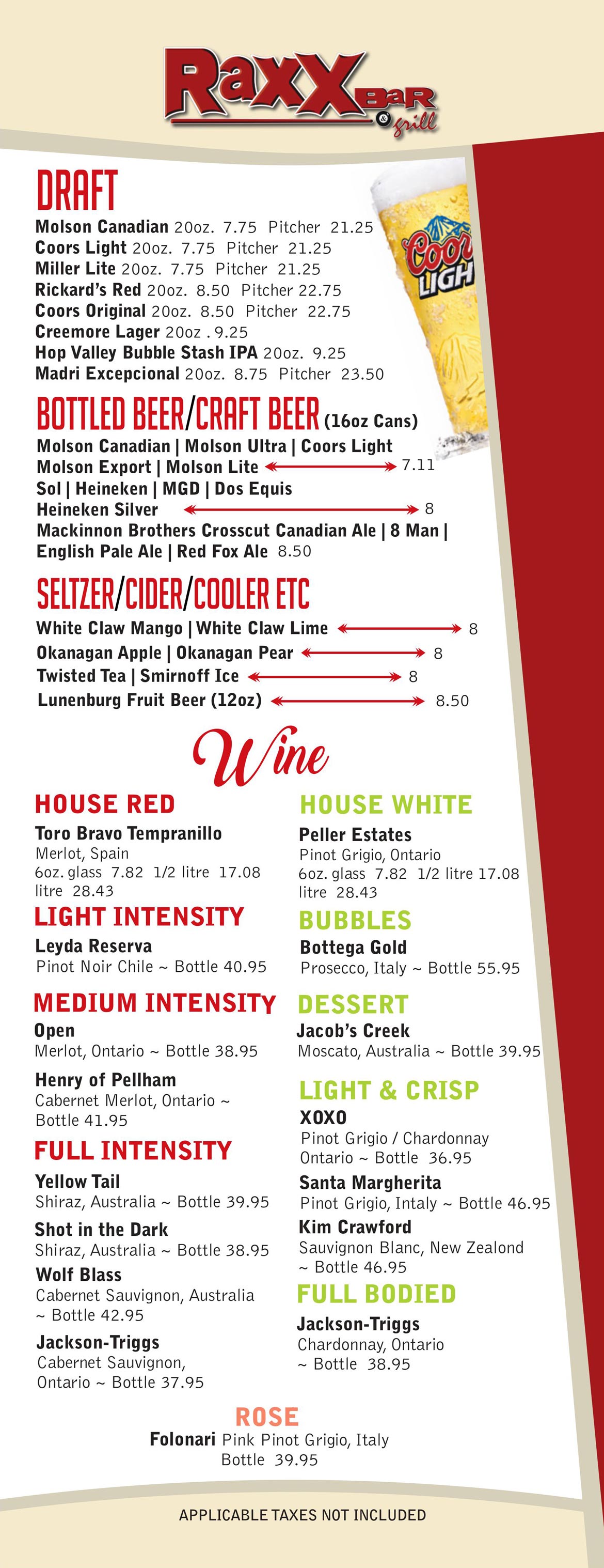 Raxx Bar and Grill Menu