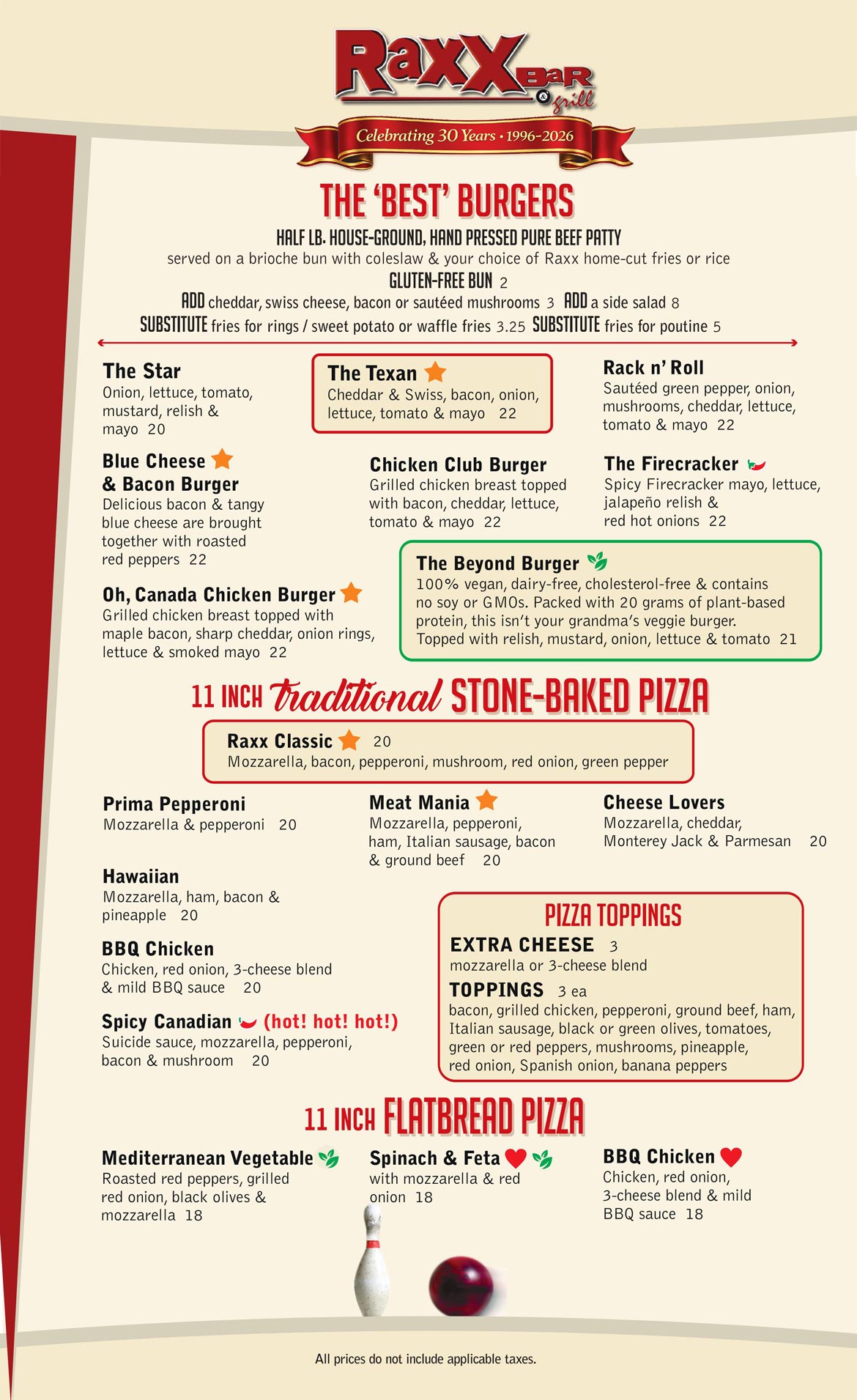 Raxx Bar and Grill Menu