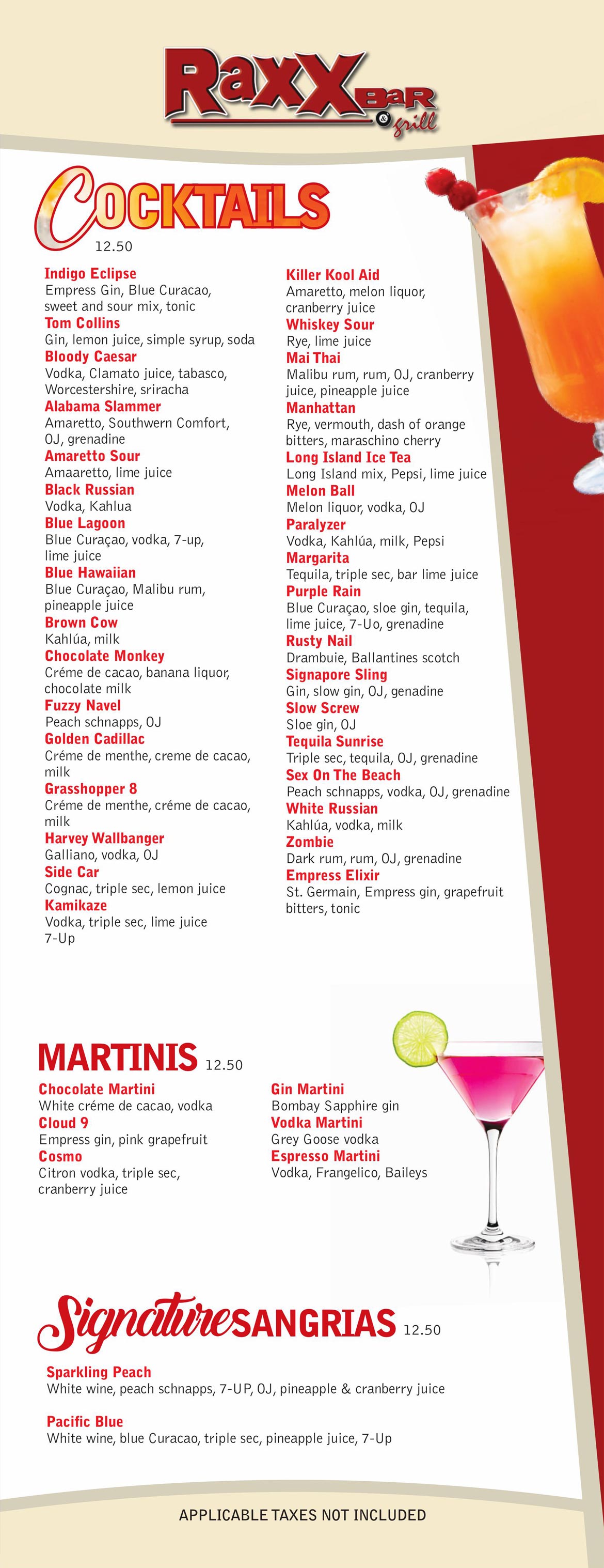 Raxx Bar and Grill Menu