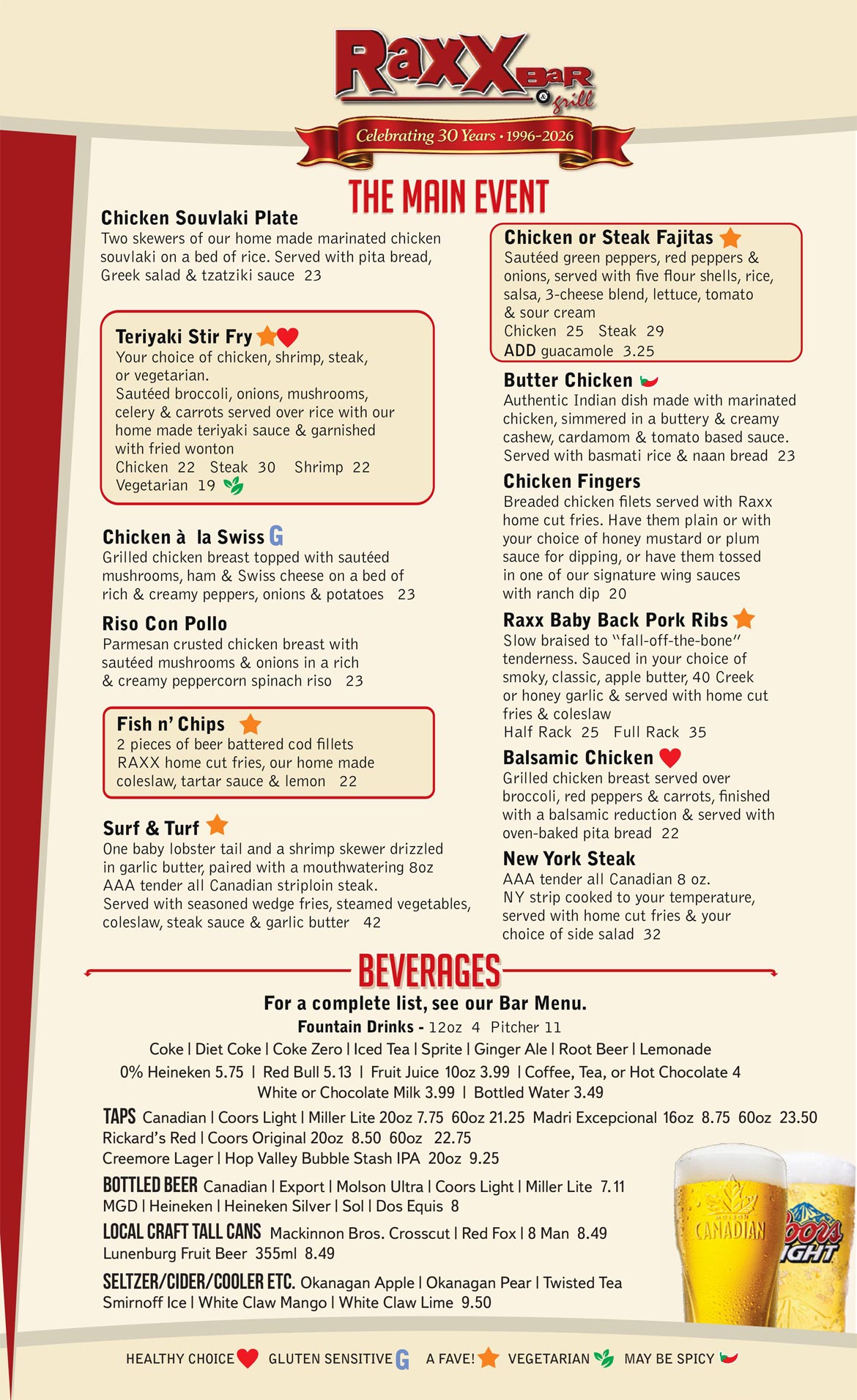 Raxx Bar and Grill Menu