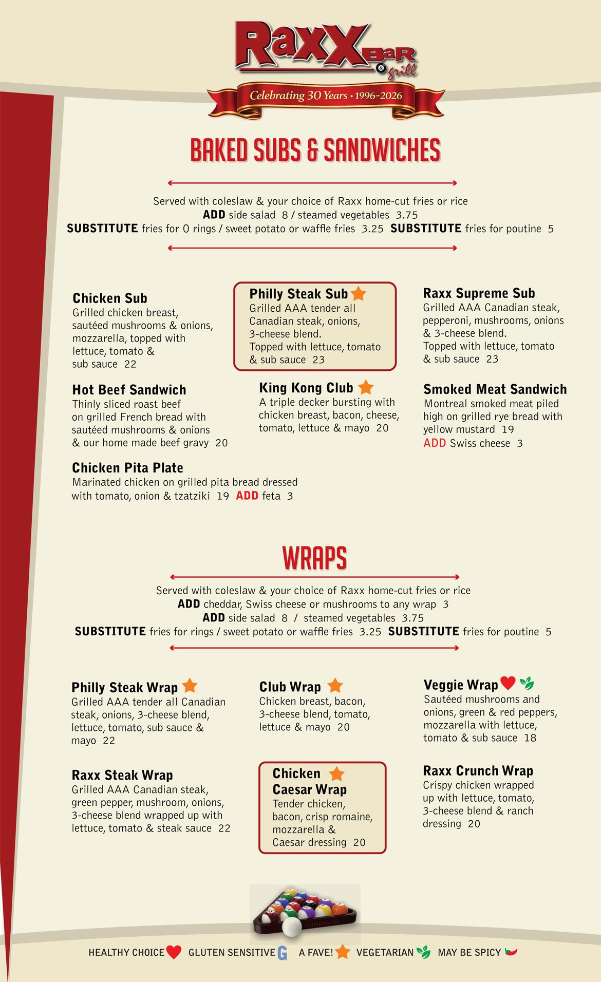 Raxx Bar and Grill Menu