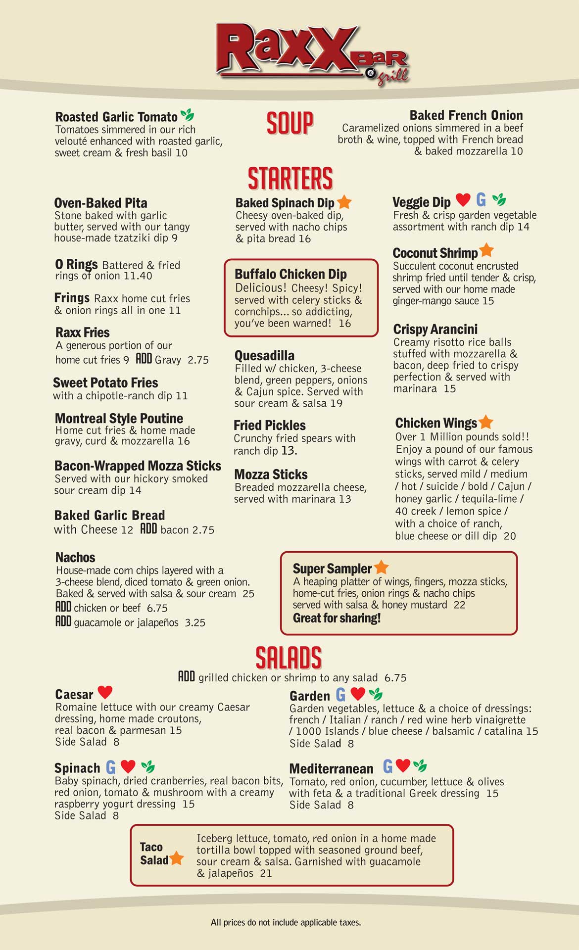 Raxx Bar and Grill Menu