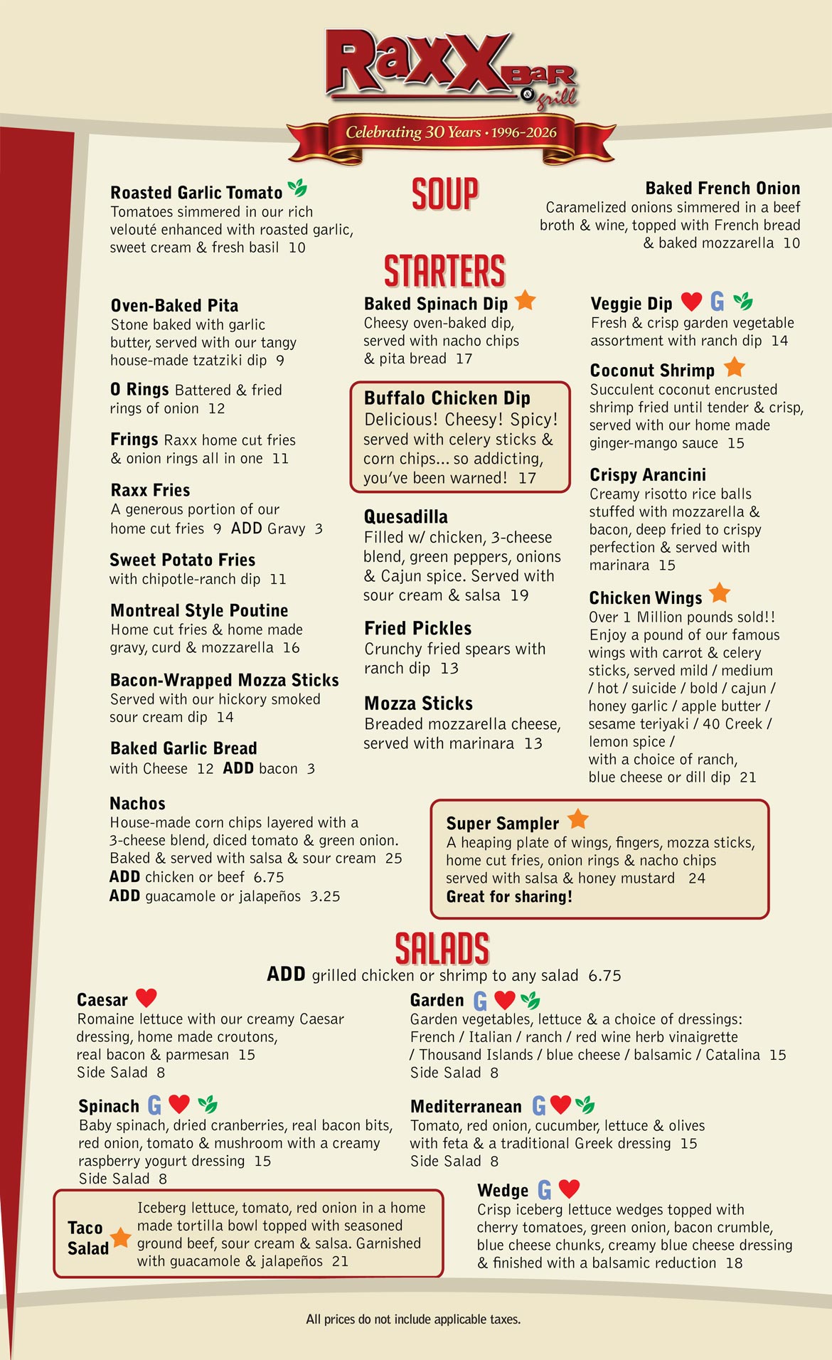 Raxx Bar and Grill Menu