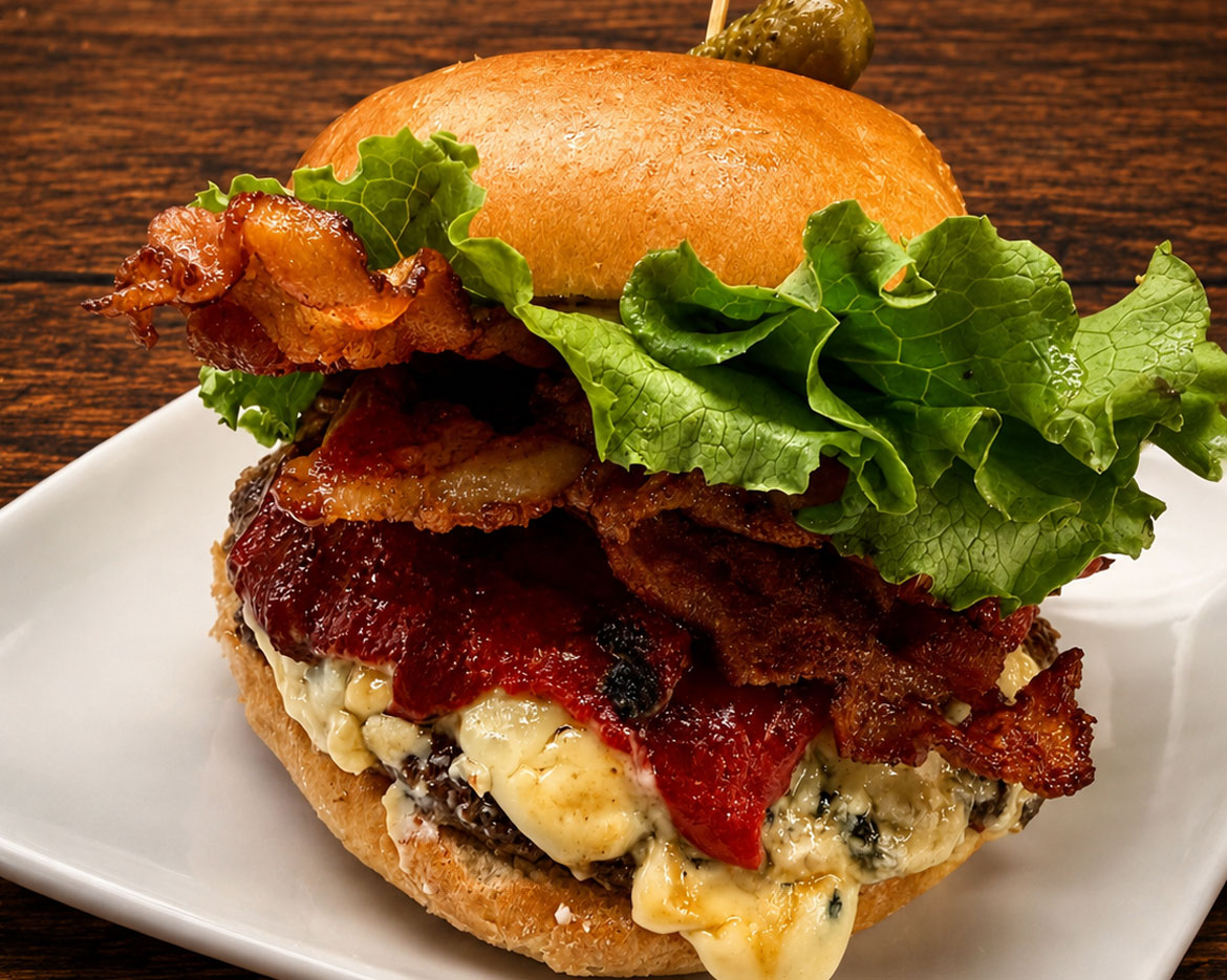 Raxx Bar Grill Menu Item - Blue Cheese & Bacon Burger